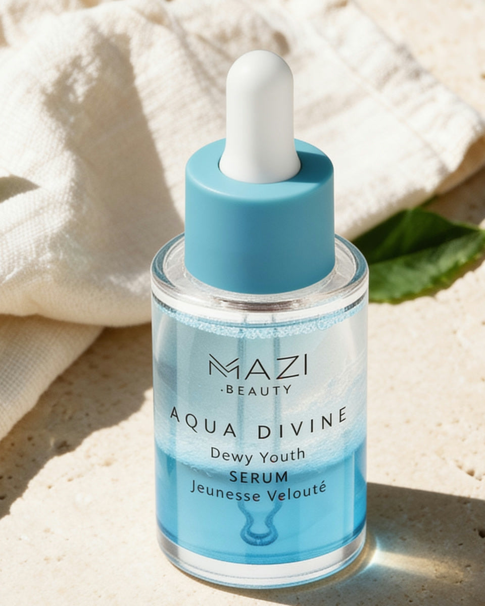 Le flacon du sérum Aqua Divine de Mazi Beauty sur du lin avec une feuille d’olivier