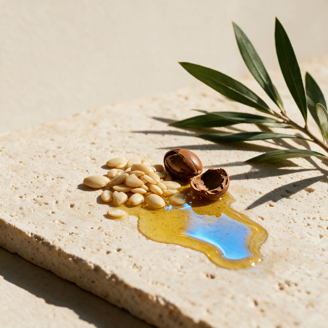 Argan kernels and a cracked shell beside a pool of golden oil on travertine