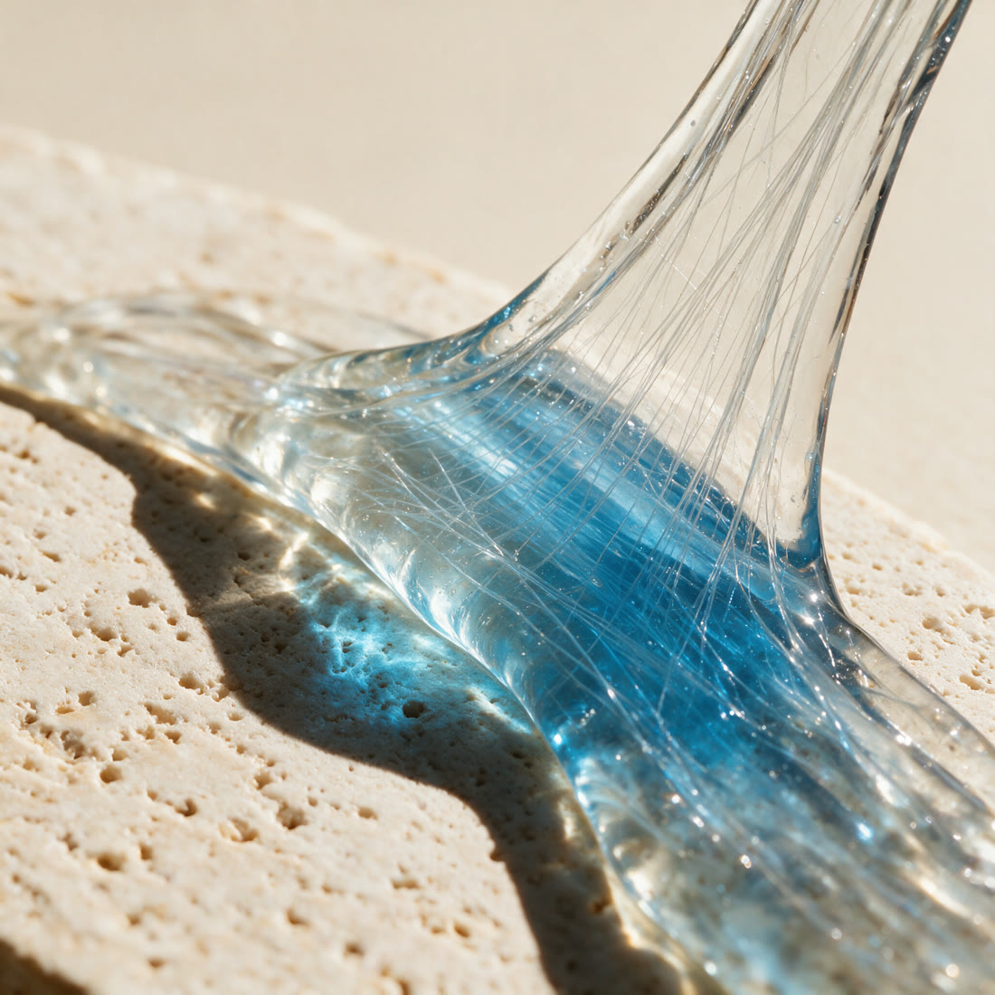 A ribbon of clear gel on travertine with fine fibres visible inside it