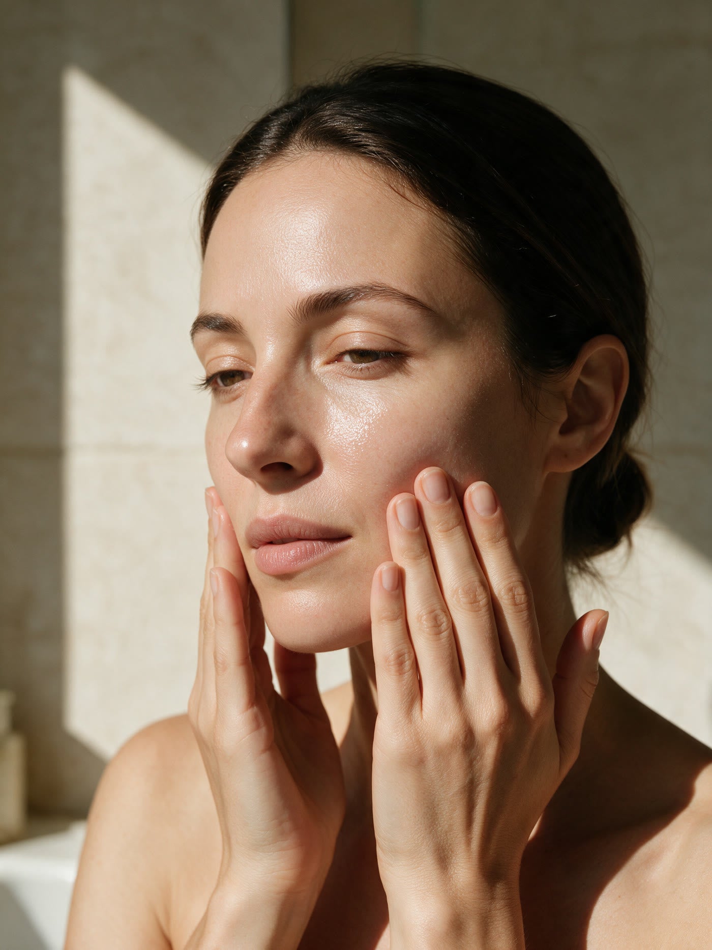 A woman pats the Aqua Divine serum onto her cheeks with the flat of her fingertips