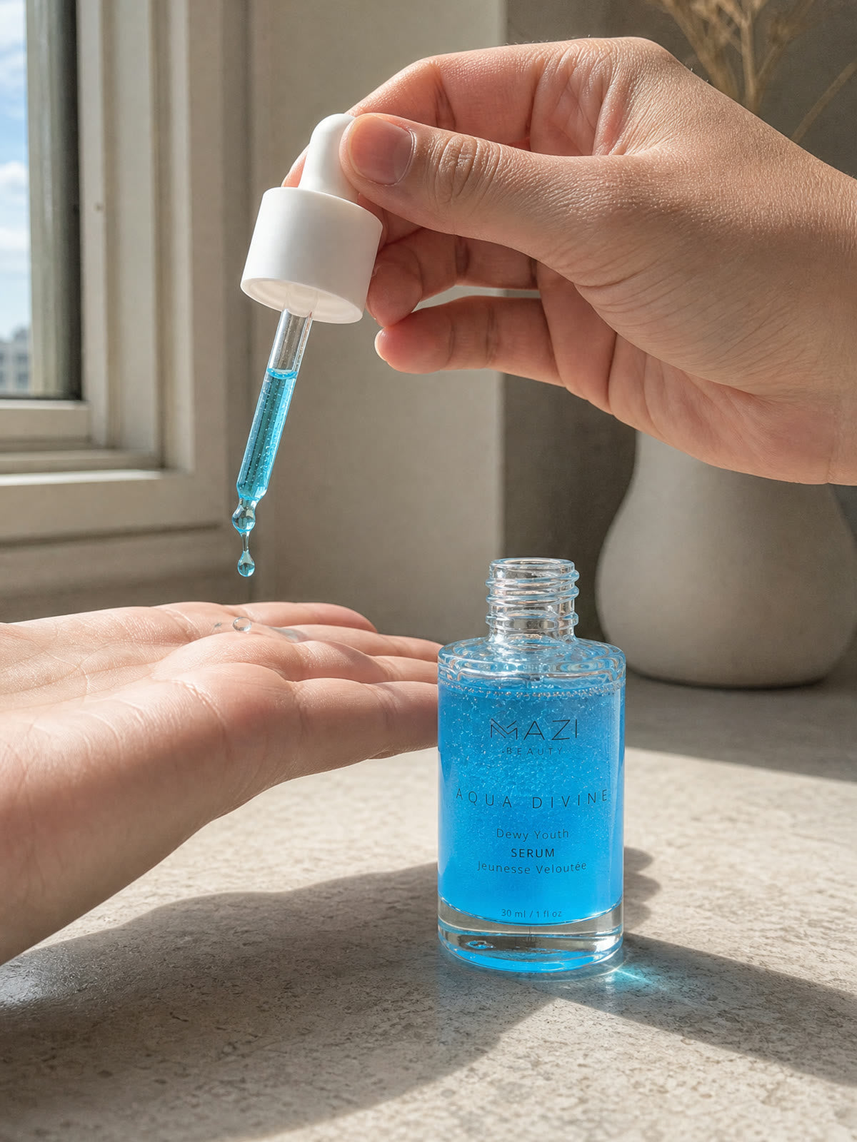 A hand holds the dropper above an open palm, a blue drop of Aqua Divine serum falling