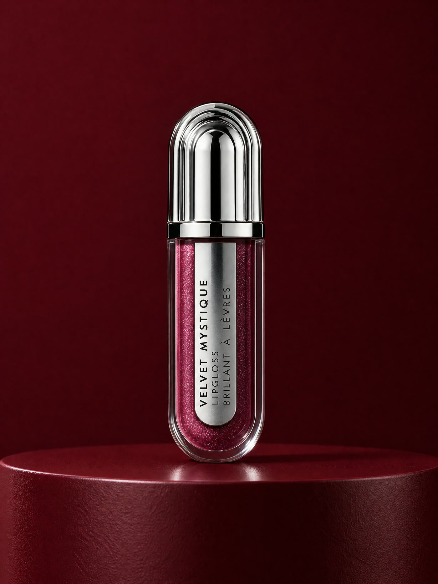 De tube Bella Gloss in koraalrode shimmer op een diepbordeaux sokkel