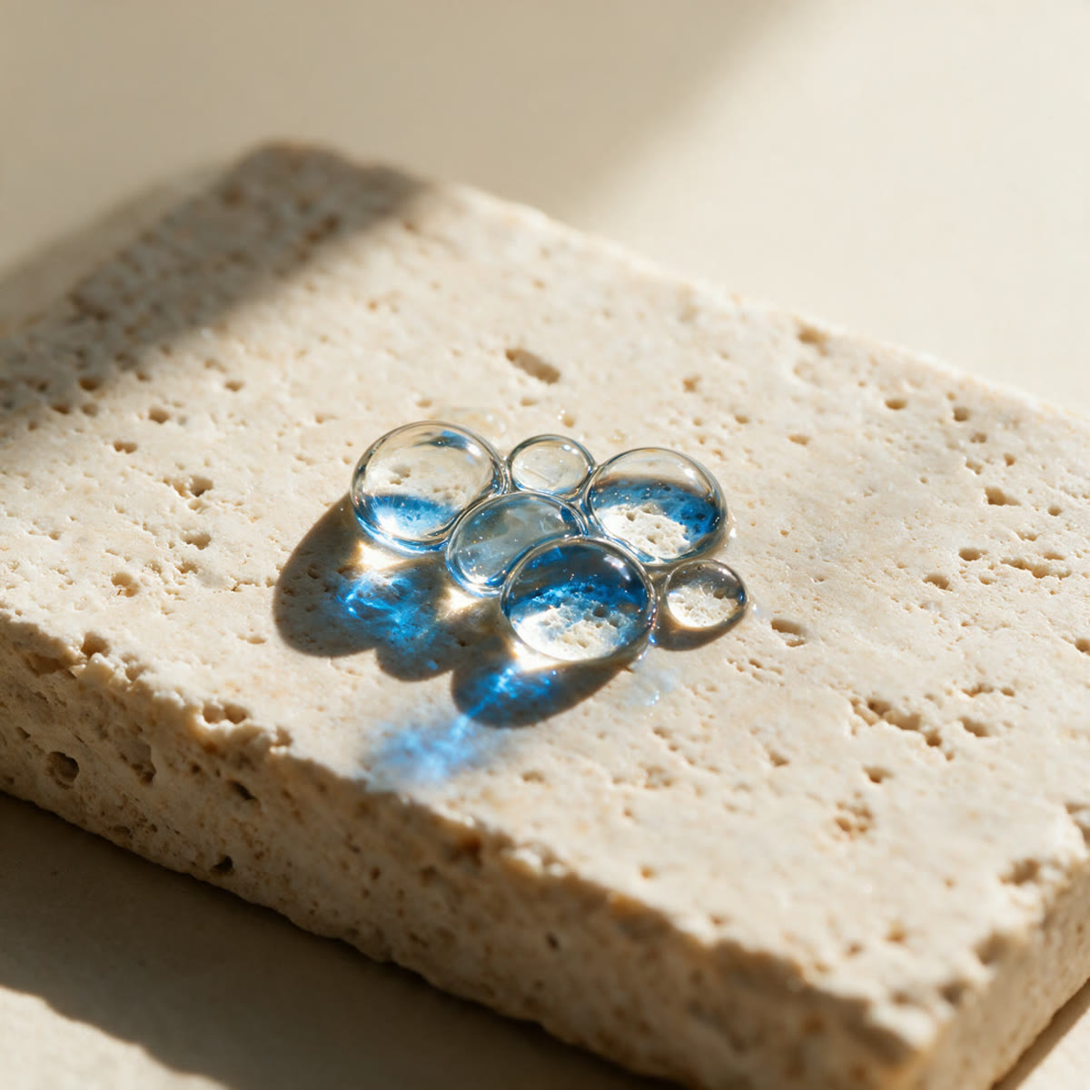 Clear droplets resting on travertine in daylight