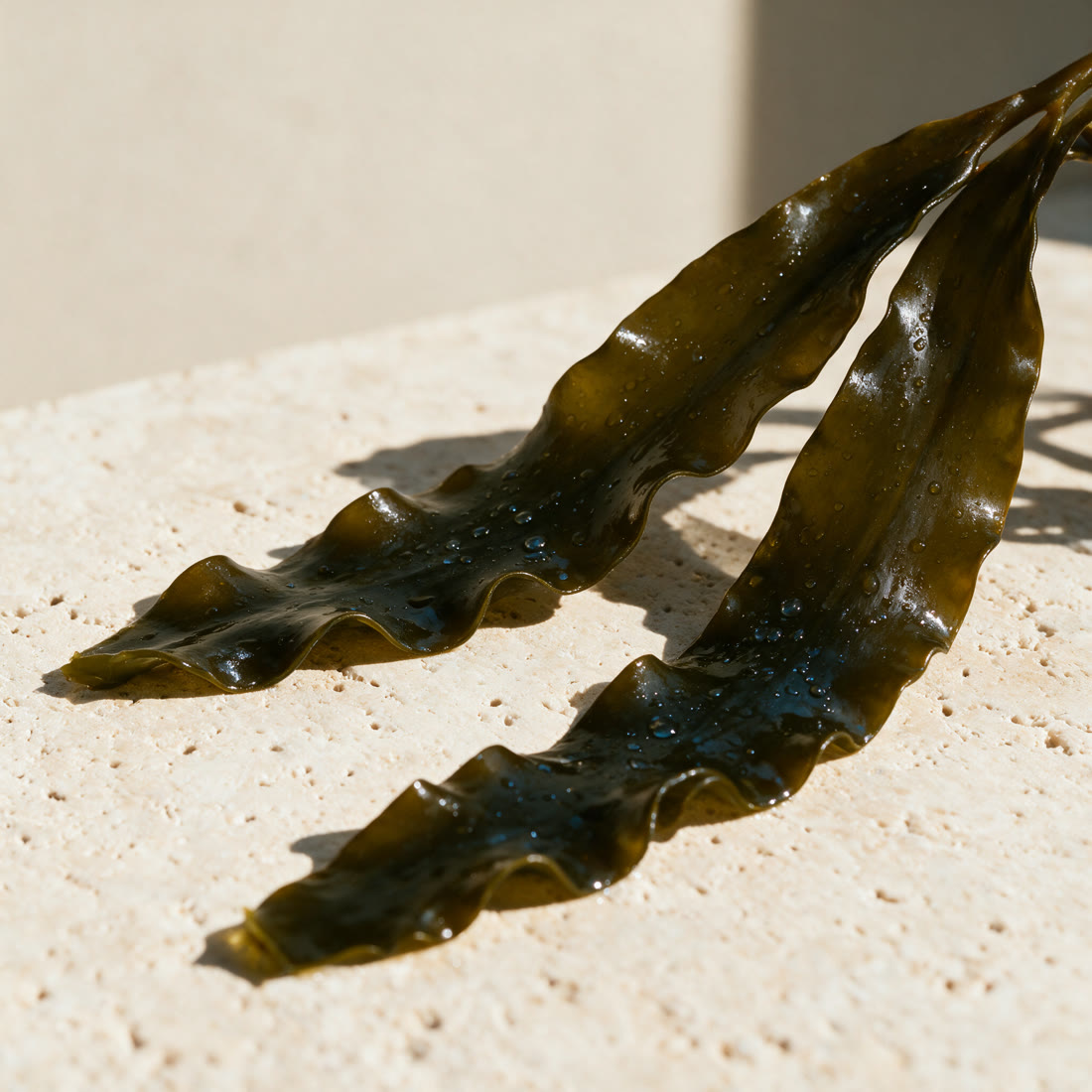 Two long leaves of Norwegian kelp lie glistening on a travertine slab in slanting sunlight