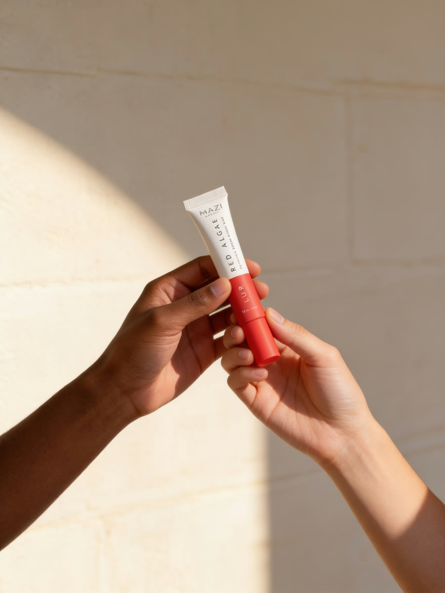 Two hands pass the LUR eye serum tube from one to the other