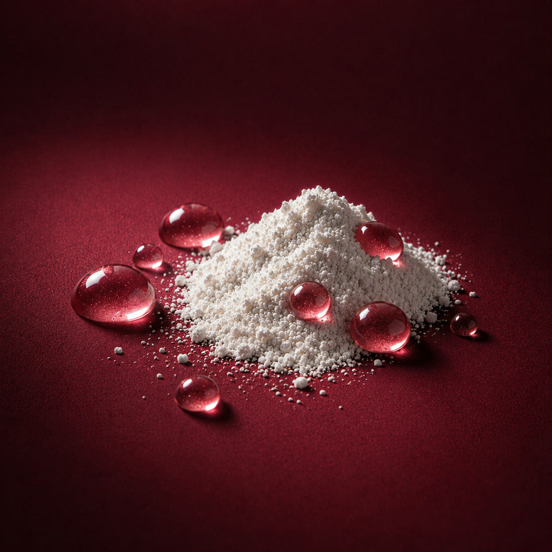 Une fine poudre blanche à côté de gouttes transparentes sur un fond bordeaux : le palmitoyl tripeptide-1, un ingrédient du gloss à lèvres Bella Gloss