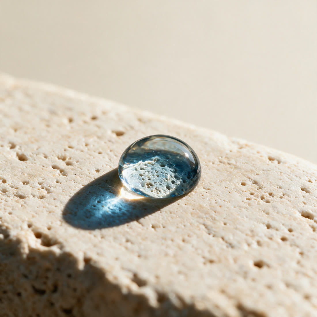 Une goutte d'eau ronde et claire bombée sur du travertin, agissant comme une lentille sur la pierre en dessous