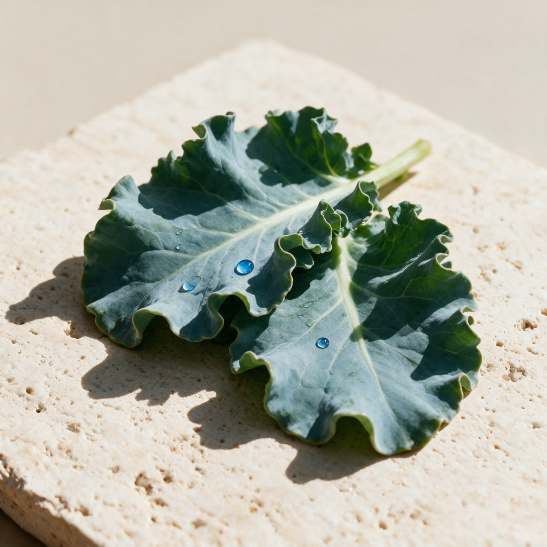 Ruffled blue-grey sea kale leaves on travertine in hard midday sunlight