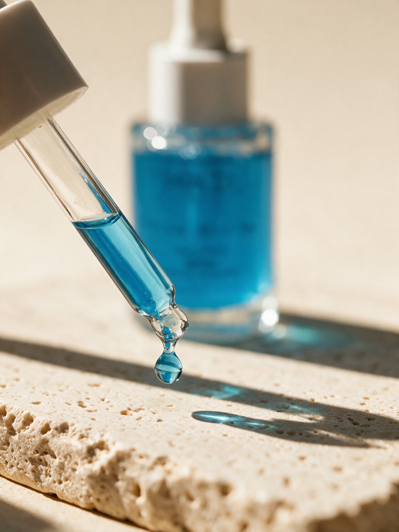 A single blue drop of Aqua Divine serum hangs from the glass dropper, the bottle out of focus behind it