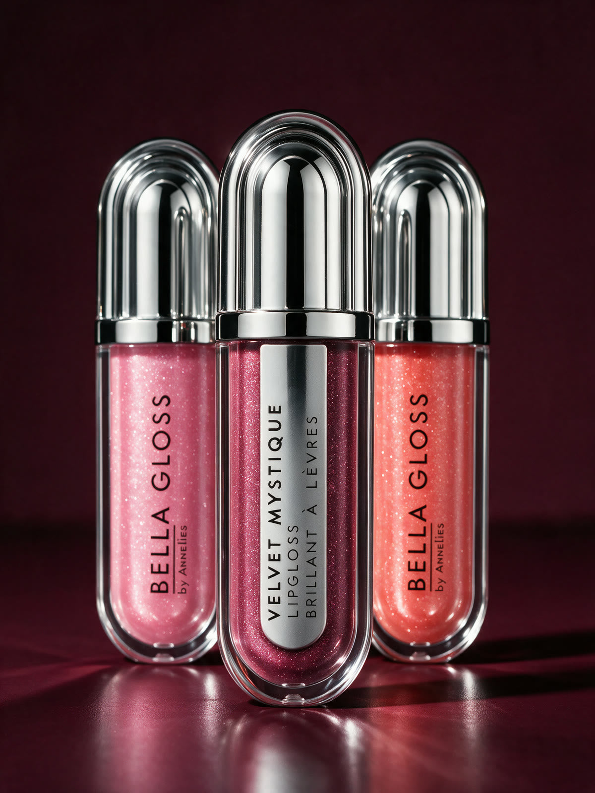 The three shades in the Bella Gloss Set stand upright side by side against a deep red wall