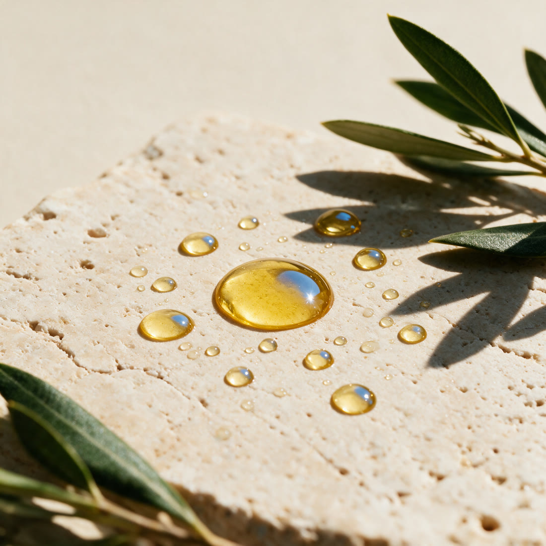 Golden oil droplets scattered on travertine, with olive leaves at the edge of the frame