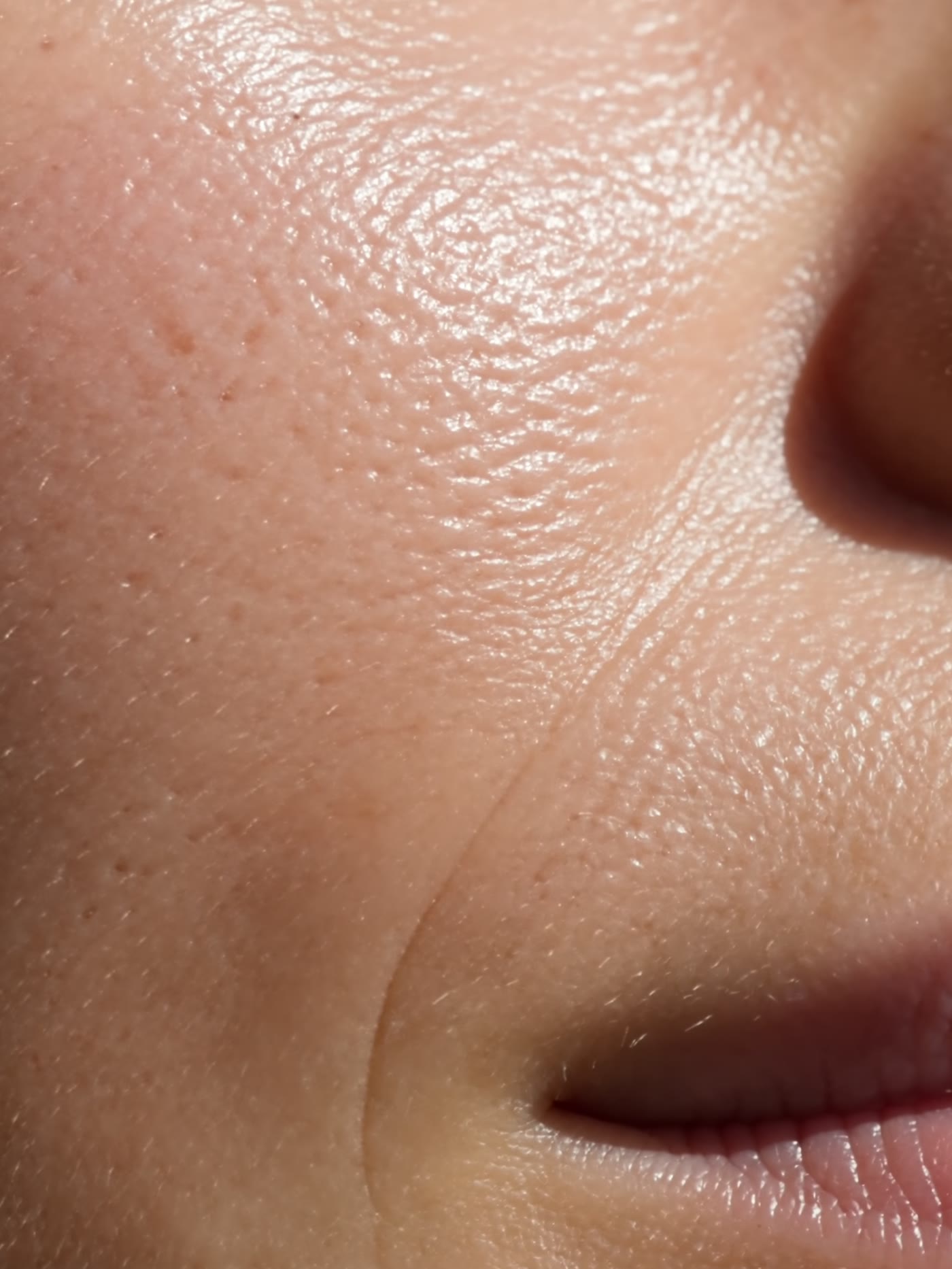 A cheek and jawline up close, the skin softly glowing after the cream has absorbed
