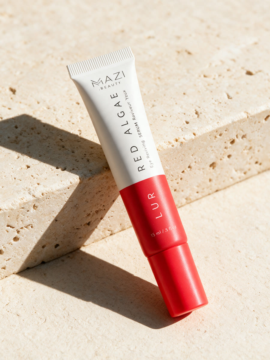 The LUR eye serum tube on a travertine step, casting a sharp shadow